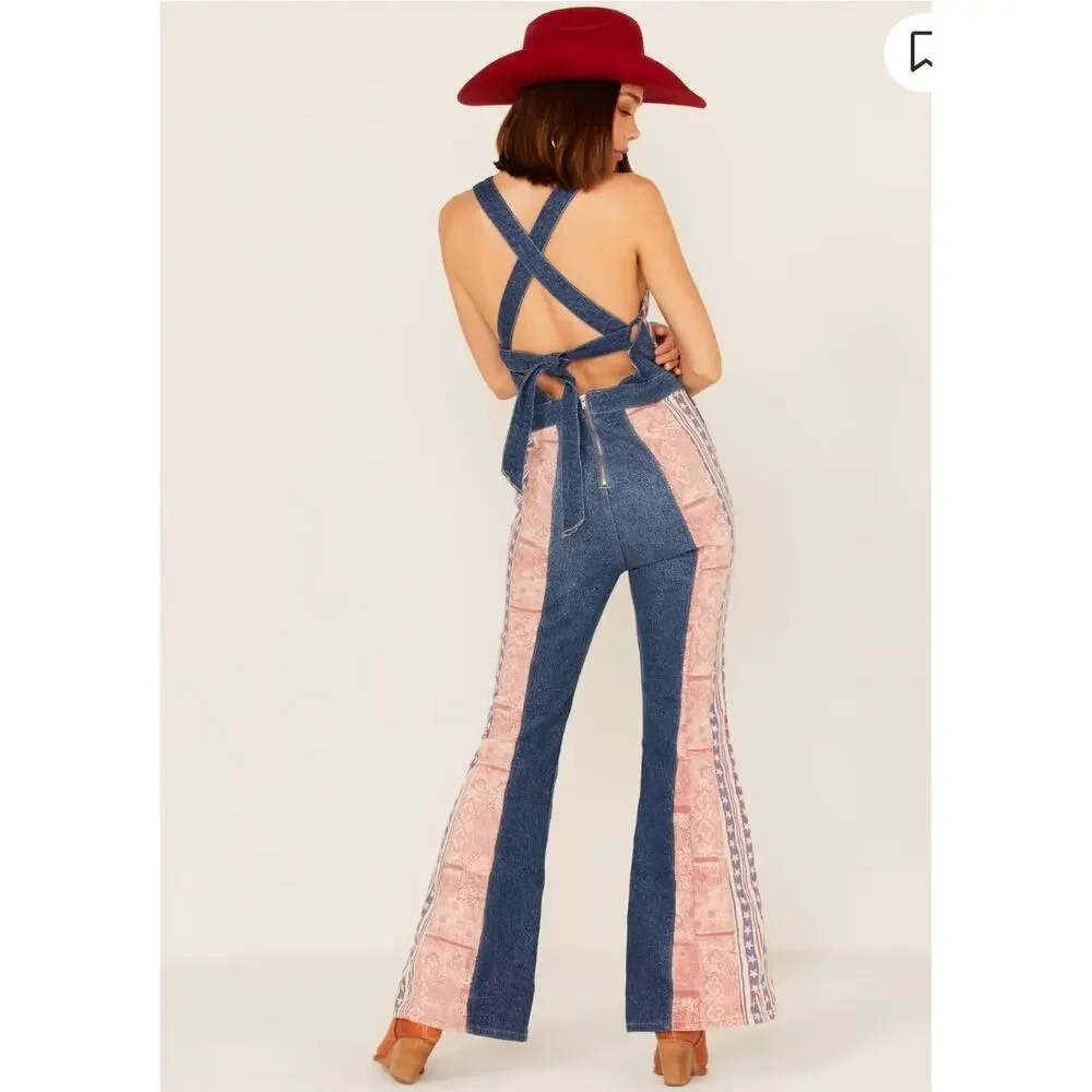 NWT Free People Dallas Americana Denim Patchwork Jumpsuit. Size 16. Ret. $248